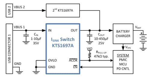 Application Circuit Diagram - Kinetic Technologies KTS1697A Current-Sink Protection Load Switch